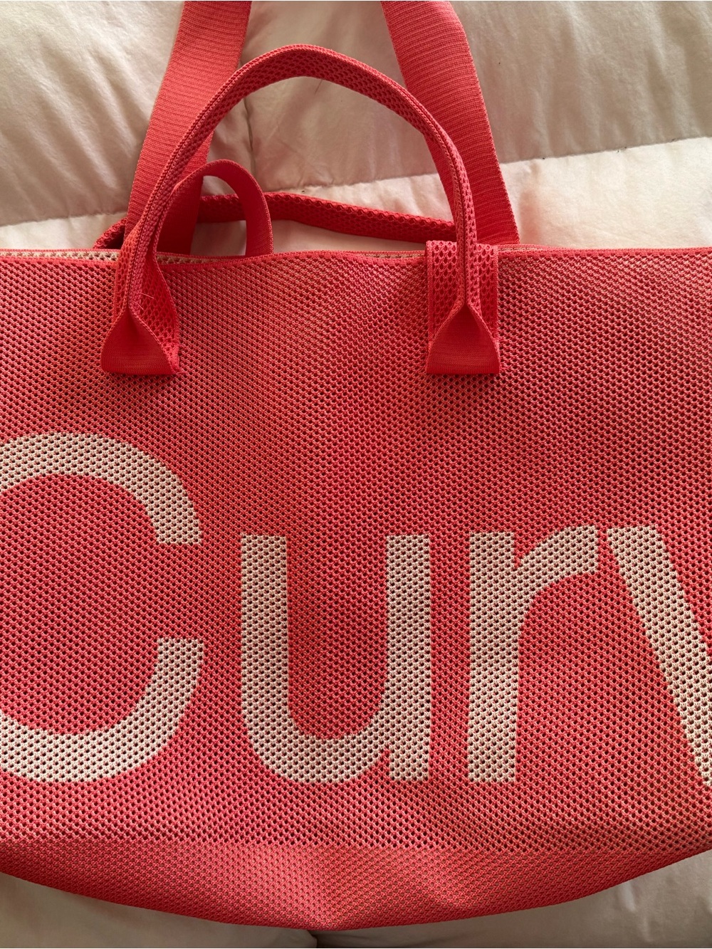 CURVE BAG Cuyana Coral Pink Mesh Tote with White Logo